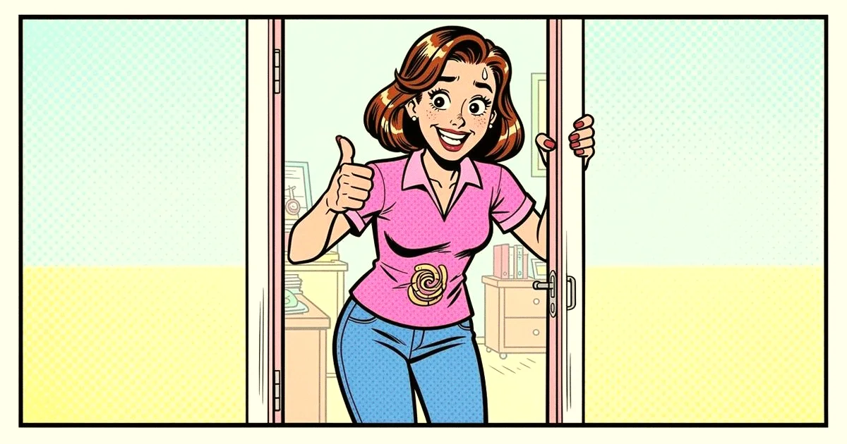 Pop-Art-Comic: Frau in der Bürotür sagt mit aufgesetztem Lächeln und Daumen hoch Ja, während sich im Bauch die Anspannung knotet