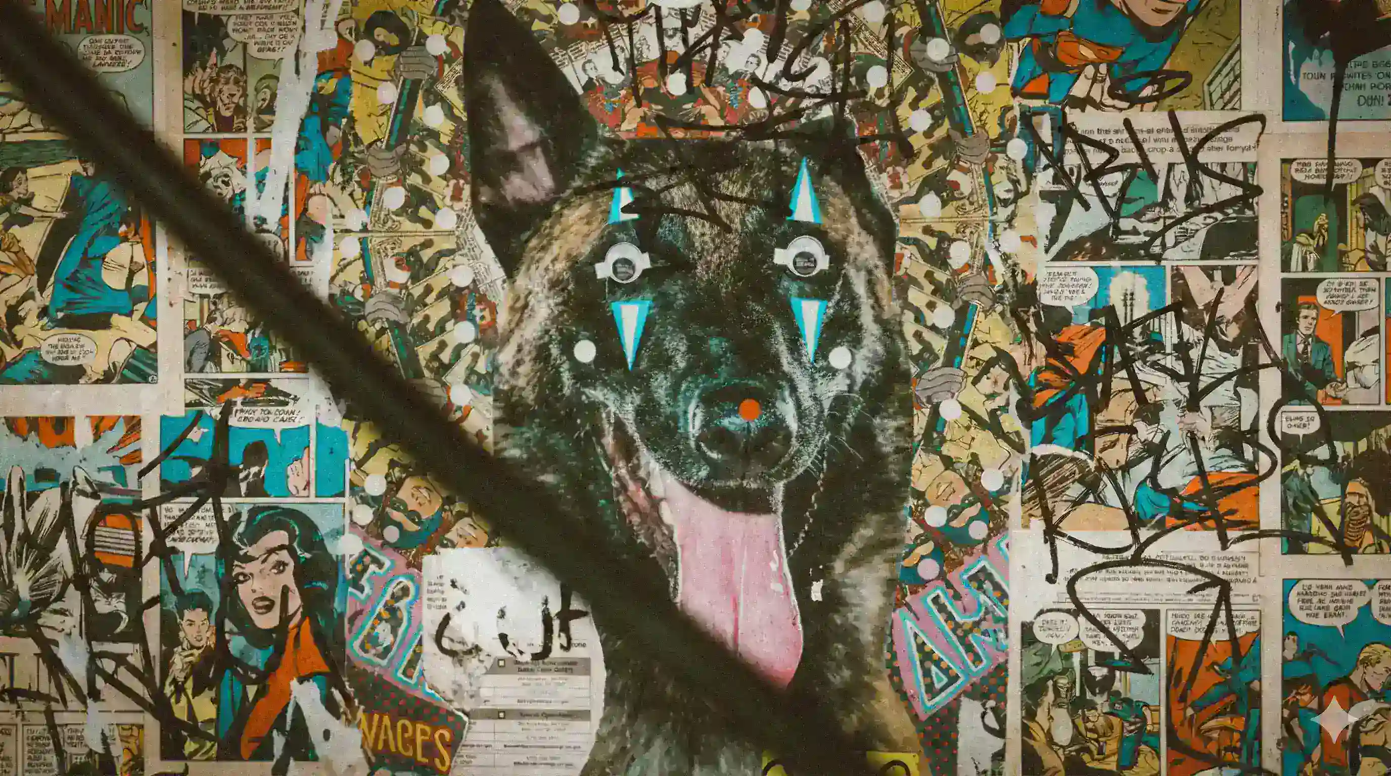 Künstlerische Street-Art-Collage eines Hundes mit aufgeklebten Wackelaugen und Comic-Hintergrund