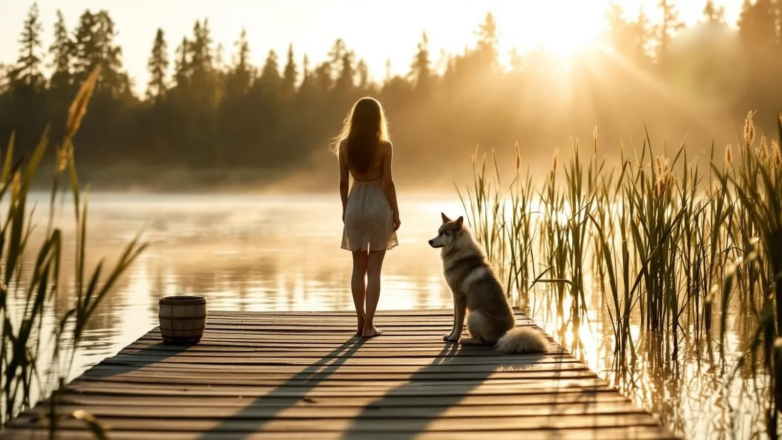 Mensch-Hund-Coaching am Bodensee: Frau mit ihrem Hund auf einem Steg am See im Morgenlicht (KI-generiertes Bild)