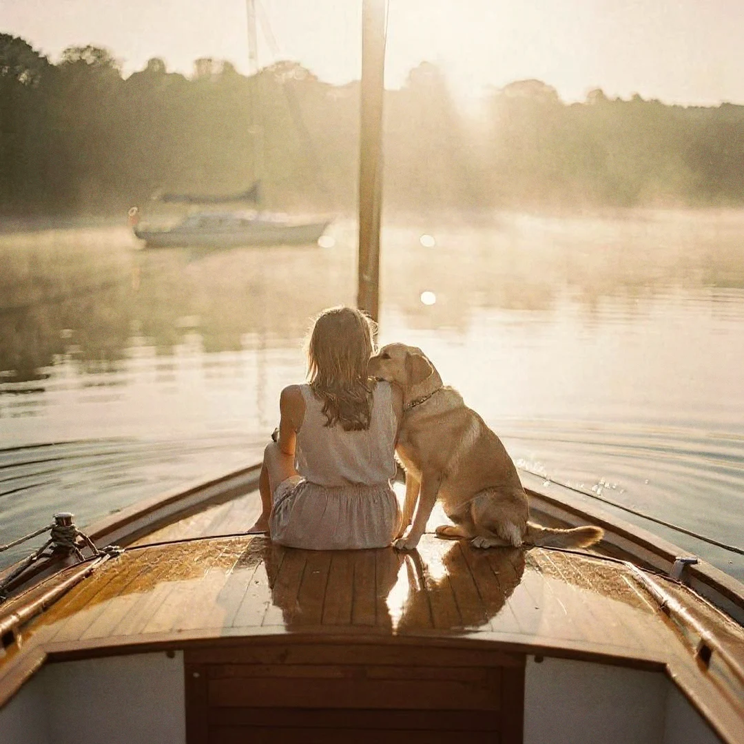 Frau mit Hund auf einem Holzboot am See in der goldenen Abendsonne — WolfsRudel